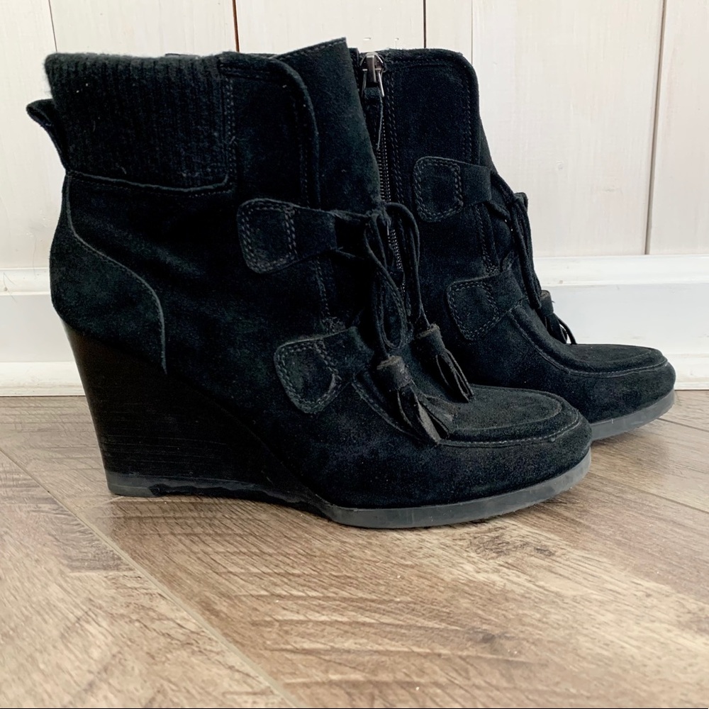 Black suede wedge booties